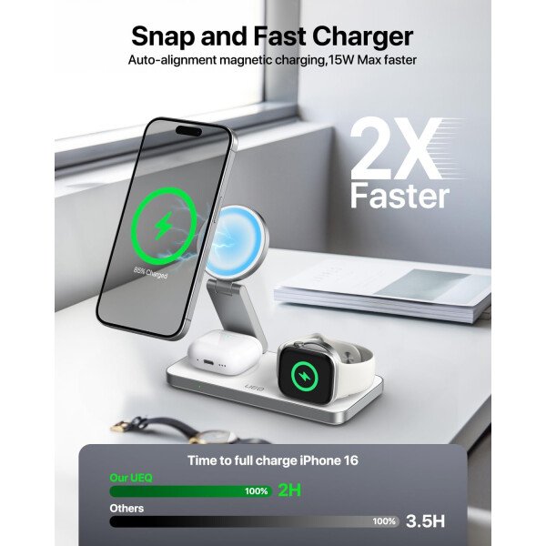 Estación de carga inalámbrica plegable 3 en 1 para soporte de cargador Apple Magsafe, estación de carga inalámbrica magnética rápida para iPhone 17 Air 16 15 14 13 12 Series, Airpods Pro, Apple - Imagen 17