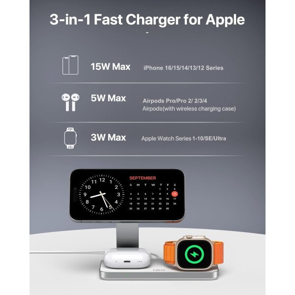 Estación de carga inalámbrica plegable 3 en 1 para soporte de cargador Apple Magsafe, estación de carga inalámbrica magnética rápida para iPhone 17 Air 16 15 14 13 12 Series, Airpods Pro, Apple - Imagen 21