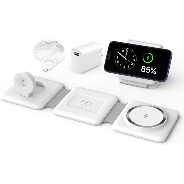 Estación de carga para múltiples dispositivos Apple – Base de carga inalámbrica magnética plegable 3 en 1 – Almohadilla de carga de viaje para iPhone 16 15 14 13 12 Pro Max Plus Watch & Airpods