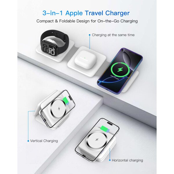 Estación de carga para múltiples dispositivos Apple – Base de carga inalámbrica magnética plegable 3 en 1 – Almohadilla de carga de viaje para iPhone 16 15 14 13 12 Pro Max Plus Watch & Airpods - Imagen 3
