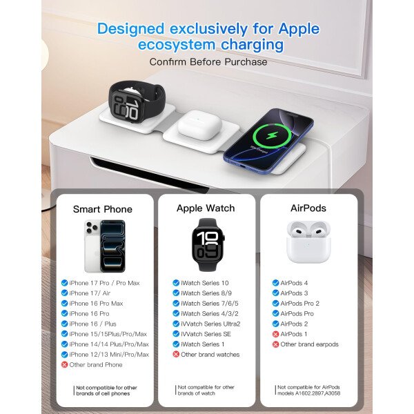 Estación de carga para múltiples dispositivos Apple – Base de carga inalámbrica magnética plegable 3 en 1 – Almohadilla de carga de viaje para iPhone 16 15 14 13 12 Pro Max Plus Watch & Airpods - Imagen 4