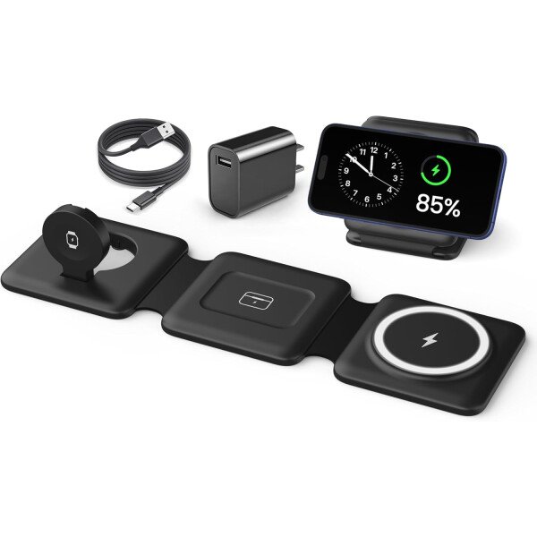 Estación de carga para múltiples dispositivos Apple – Base de carga inalámbrica magnética plegable 3 en 1 – Almohadilla de carga de viaje para iPhone 16 15 14 13 12 Pro Max Plus Watch & Airpods - Imagen 9