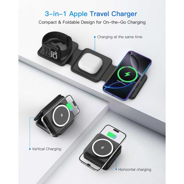 Estación de carga para múltiples dispositivos Apple – Base de carga inalámbrica magnética plegable 3 en 1 – Almohadilla de carga de viaje para iPhone 16 15 14 13 12 Pro Max Plus Watch & Airpods - Imagen 11