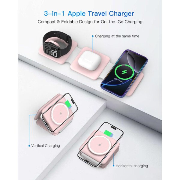 Estación de carga para múltiples dispositivos Apple – Base de carga inalámbrica magnética plegable 3 en 1 – Almohadilla de carga de viaje para iPhone 16 15 14 13 12 Pro Max Plus Watch & Airpods - Imagen 19