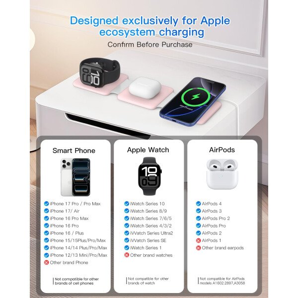 Estación de carga para múltiples dispositivos Apple – Base de carga inalámbrica magnética plegable 3 en 1 – Almohadilla de carga de viaje para iPhone 16 15 14 13 12 Pro Max Plus Watch & Airpods - Imagen 20