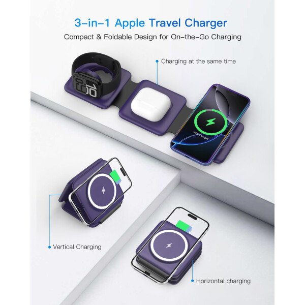 Estación de carga para múltiples dispositivos Apple – Base de carga inalámbrica magnética plegable 3 en 1 – Almohadilla de carga de viaje para iPhone 16 15 14 13 12 Pro Max Plus Watch & Airpods - Imagen 27