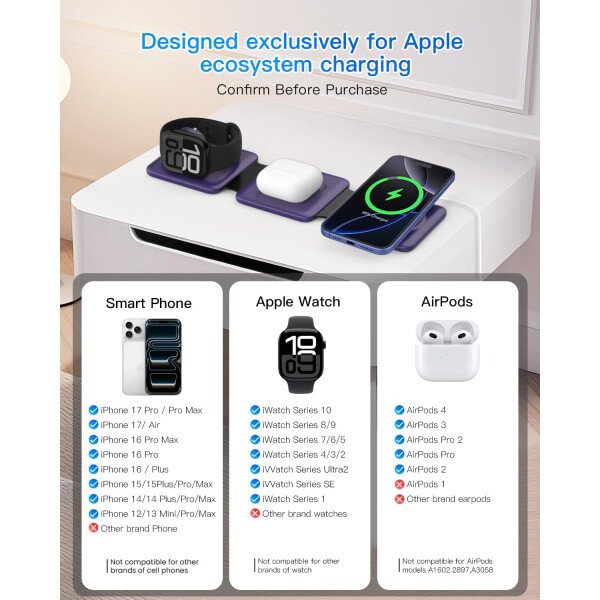 Estación de carga para múltiples dispositivos Apple – Base de carga inalámbrica magnética plegable 3 en 1 – Almohadilla de carga de viaje para iPhone 16 15 14 13 12 Pro Max Plus Watch & Airpods - Imagen 28
