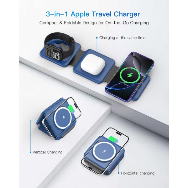 Estación de carga para múltiples dispositivos Apple – Base de carga inalámbrica magnética plegable 3 en 1 – Almohadilla de carga de viaje para iPhone 16 15 14 13 12 Pro Max Plus Watch & Airpods - Imagen 35