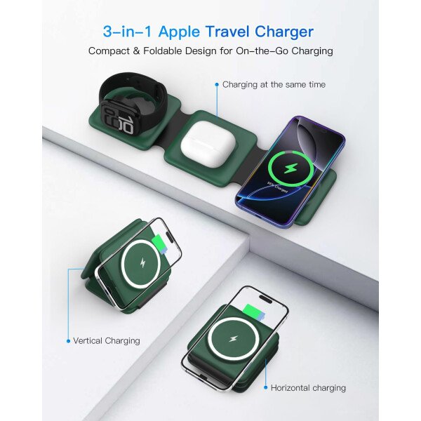 Estación de carga para múltiples dispositivos Apple – Base de carga inalámbrica magnética plegable 3 en 1 – Almohadilla de carga de viaje para iPhone 16 15 14 13 12 Pro Max Plus Watch & Airpods - Imagen 43