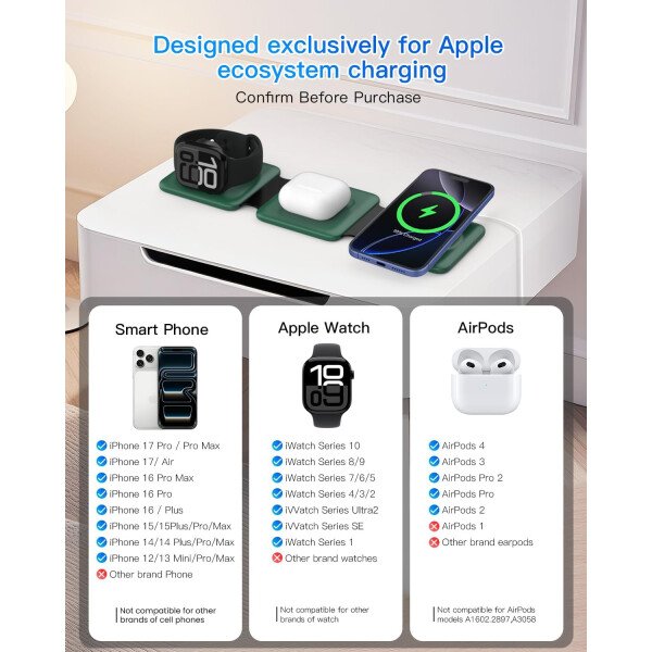 Estación de carga para múltiples dispositivos Apple – Base de carga inalámbrica magnética plegable 3 en 1 – Almohadilla de carga de viaje para iPhone 16 15 14 13 12 Pro Max Plus Watch & Airpods - Imagen 44