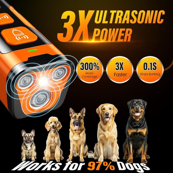 Dispositivo disuasorio de ladridos de perro, 3 veces ultrasónico antiladridos, 6 modos de entrenamiento, rango de 23 pies, no más ladridos en interiores y exteriores, comportamiento correcto - Imagen 2