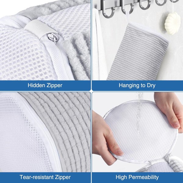 Bolsa de lavado de zapatos para lavadora, fibras esponjosas que mantienen una limpieza envolvente de 360°, árboles de zapatos ajustables, cremallera oculta duradera, bolsa de lavandería - Imagen 13