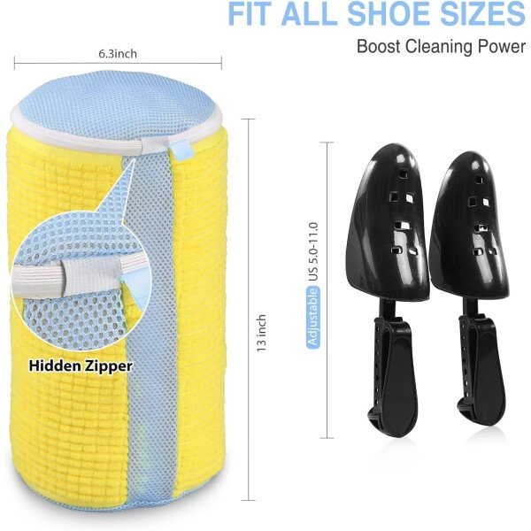 Bolsa de lavado de zapatos para lavadora, fibras esponjosas que mantienen una limpieza envolvente de 360°, árboles de zapatos ajustables, cremallera oculta duradera, bolsa de lavandería - Imagen 21