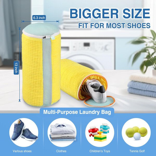 Bolsa de lavado de zapatos para lavadora, fibras esponjosas que mantienen una limpieza envolvente de 360°, árboles de zapatos ajustables, cremallera oculta duradera, bolsa de lavandería - Imagen 28