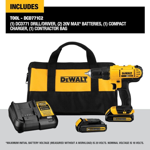 DEWALT - Kit de taladro/destornillador inalámbrico máximo de 20 V, 2 baterías y cargador incluido (DCD771C2) - Imagen 15