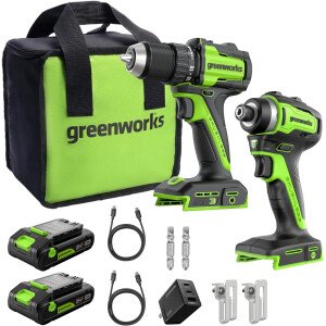 Greenworks Taladro inalámbrico sin escobillas de 24 V, 400 pulgadas de libras+combo de destornillador de impacto de 1950 in-lbs, alto par, ligero, (2) baterías USB-C de 2.0 Ah (banco de energía de