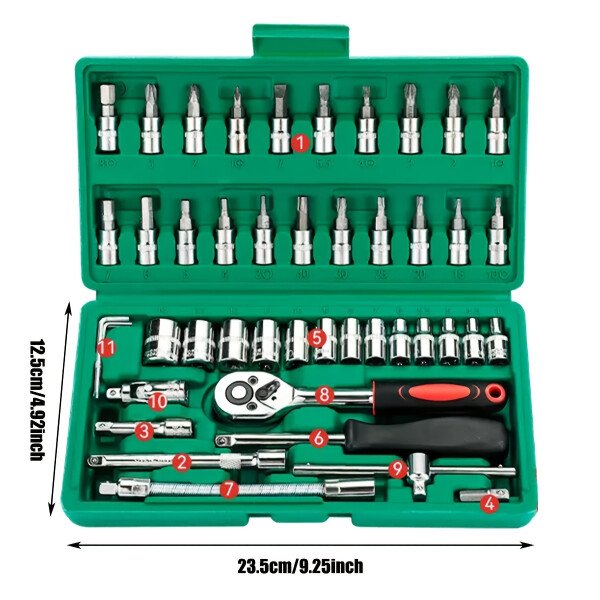 Juego de 46 vasos de accionamiento, juego de llaves de trinquete de 1/4 de pulgada con vasos, juego de vasos de punta hexagonal métrica, kits de herramientas mecánicas para reparación de automóviles - Imagen 6