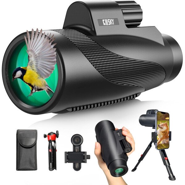 Gosky Monocular HD de 15 x 52 pulgadas, monocular para adultos de alta potencia con trípode, monocular compacto con prisma BAK4 y lente FMC, control remoto de cámara Bluetooth, monoculares para caza,