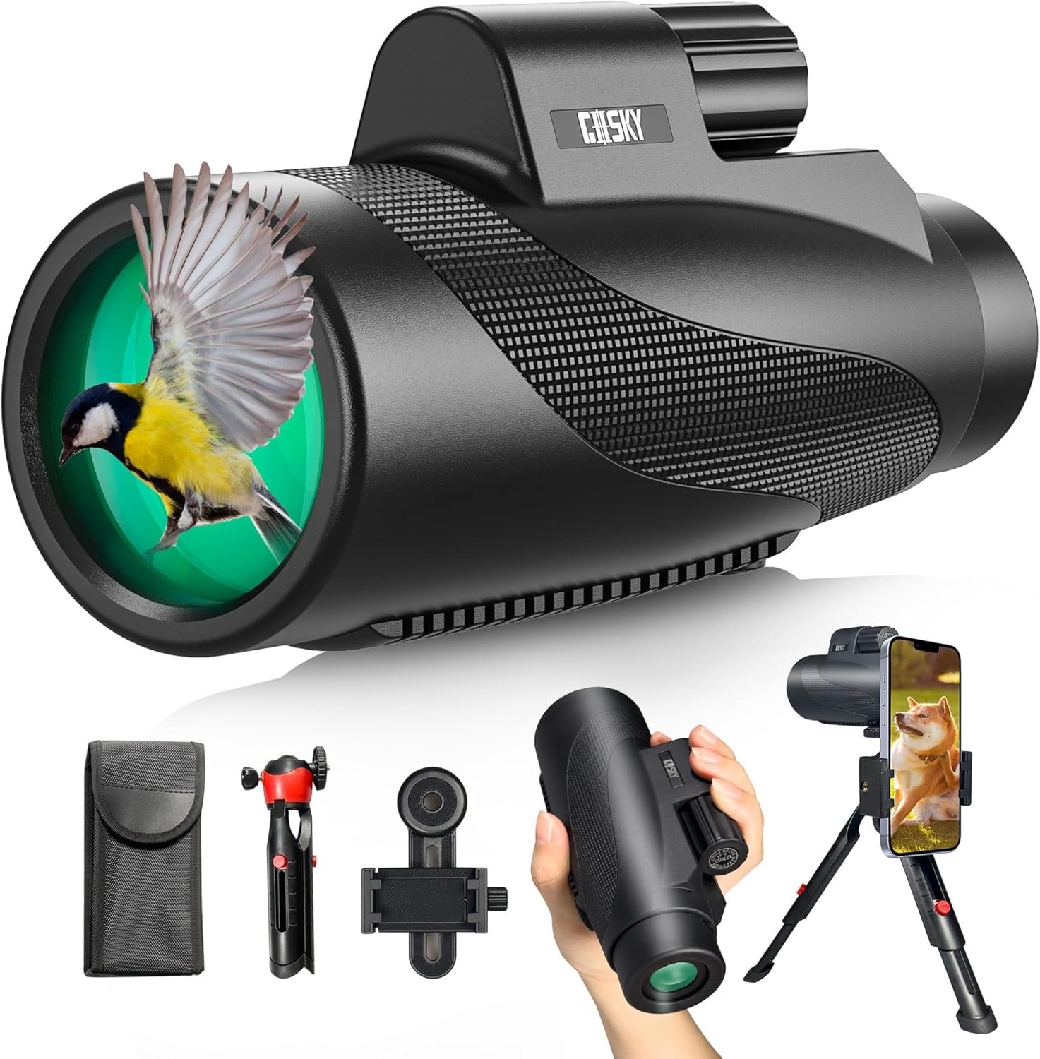 Gosky Monocular HD de 15 x 52 pulgadas, monocular para adultos de alta potencia con trípode, monocular compacto con prisma BAK4 y lente FMC, control remoto de cámara Bluetooth, monoculares para caza,