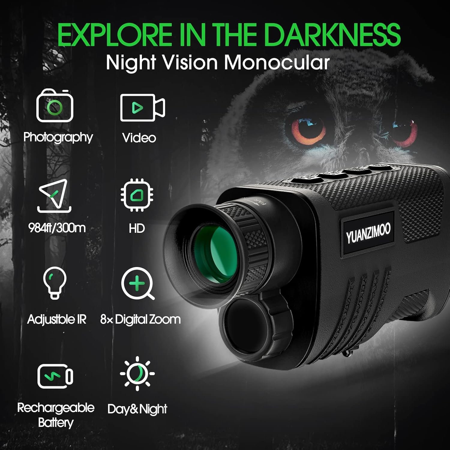 Telescopio monocular digital infrarrojo monocular mejorado de visión nocturna para 100% oscuridad con zoom 8X 2000mAh batería recargable trípode 32 GB tarjeta SD y lector de tarjetas, para adultos - Imagen 2