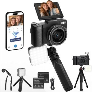 Cámara de vlogging 5K con WiFi 64MP 4K Cámara digital para fotografía Cámara de vlog con pantalla abatible Cámara de video para YouTube con luz para selfie, trípode de escritorio, baterías