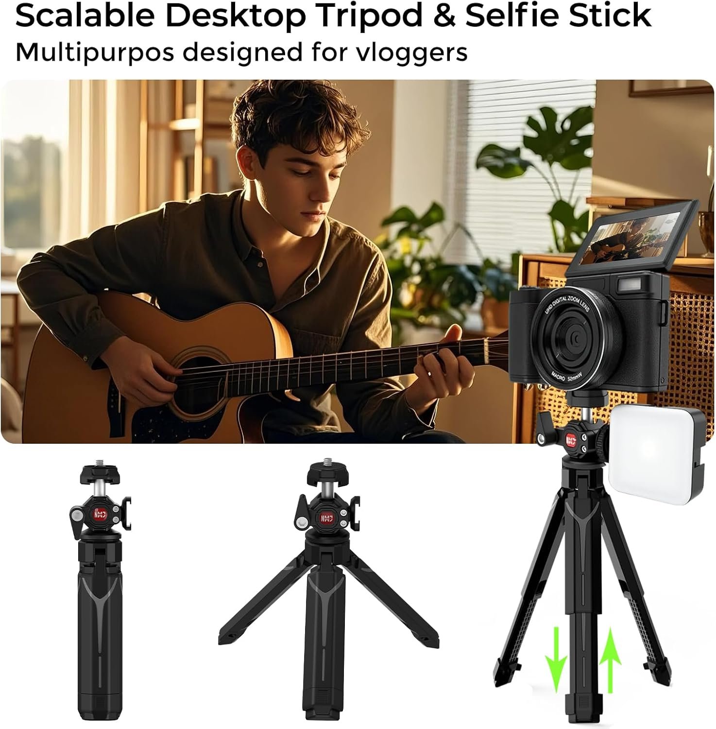 Cámara de vlogging 5K con WiFi 64MP 4K Cámara digital para fotografía Cámara de vlog con pantalla abatible Cámara de video para YouTube con luz para selfie, trípode de escritorio, baterías - Imagen 5