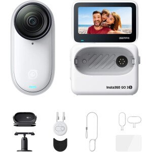Insta360 GO 3S - Paquete de acción de 128 GB, cámara de vlogging portátil blanca 4K, POV manos libres, montaje en cualquier lugar, estabilización, duración de la batería de 140 minutos, resistente al