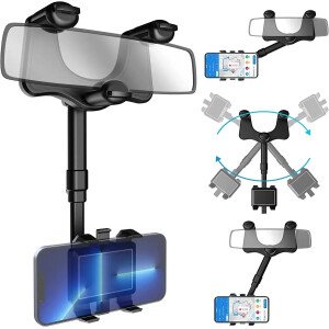 Soporte universal para teléfono de coche con diseño giratorio y retráctil para espejo retrovisor, DVR, GPS y cámara de salpicadero.