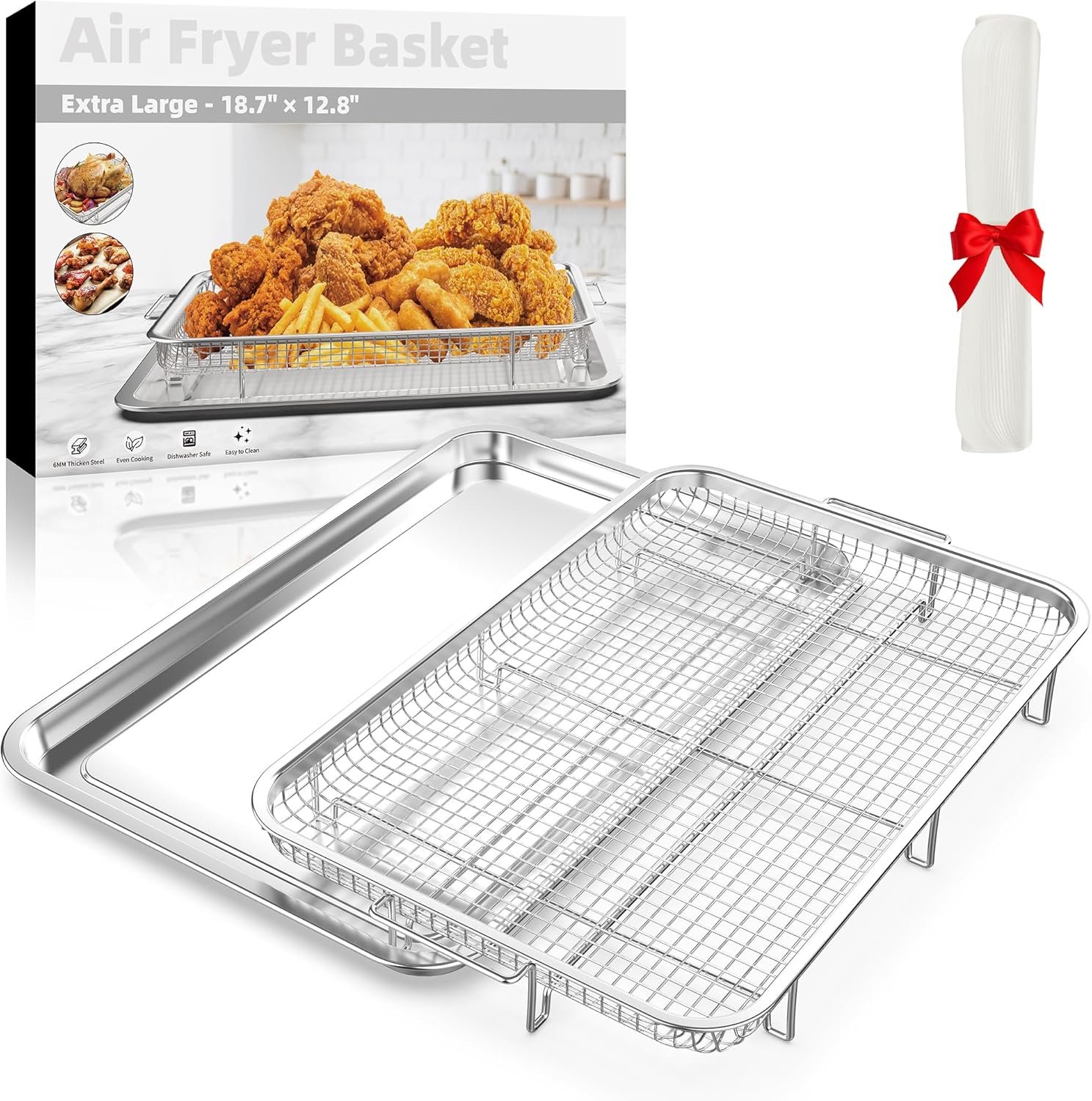 Cesta para freidora de aire para horno, cesta extra grande de 18.8 x 12.8 pulgadas para freidora de aire y bandeja con 30 papeles pergaminos, sartén de acero inoxidable y bandeja para verduras (plateado)