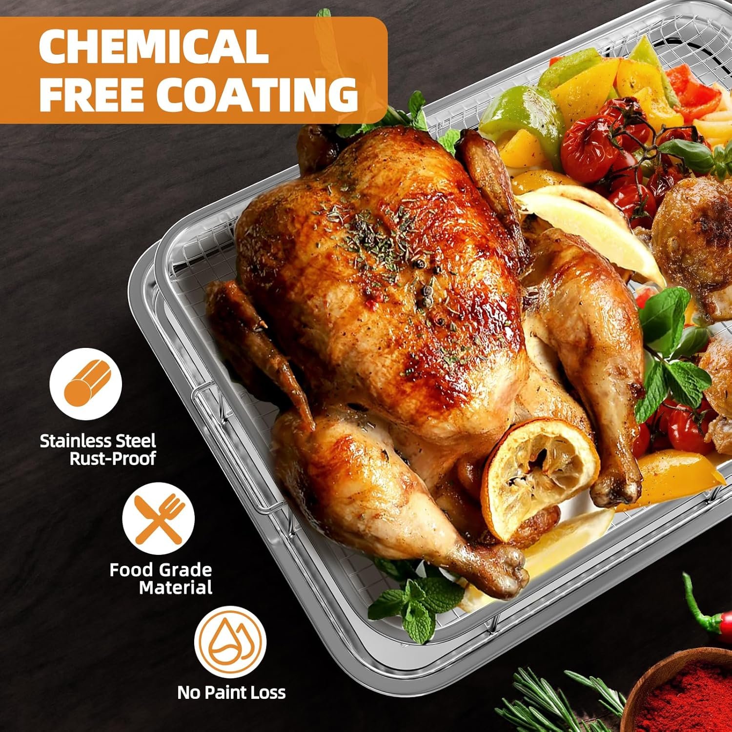 Cesta para freidora de aire para horno, cesta extra grande de 18.8 x 12.8 pulgadas para freidora de aire y bandeja con 30 papeles pergaminos, sartén de acero inoxidable y bandeja para verduras (plateado) - Imagen 6