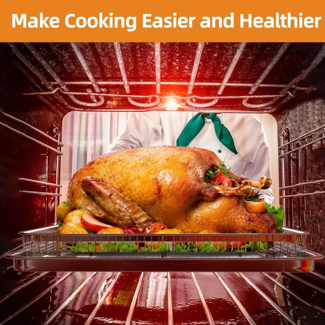 Cesta para freidora de aire para horno, cesta extra grande de 18.8 x 12.8 pulgadas para freidora de aire y bandeja con 30 papeles pergaminos, sartén de acero inoxidable y bandeja para verduras (plateado) - Imagen 7