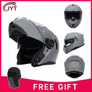 Casco integral JYT gris cemento, doble lente abatible, para motocross y carreras. Casco modular.