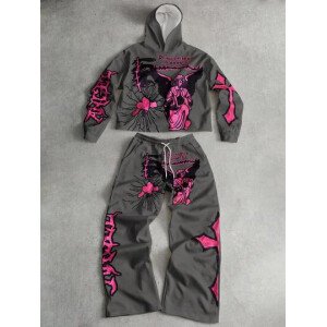 PAVTROS Conjunto de sudadera con capucha y pantalones con estampado gráfico de corazón de ángel Manfinity Streetrush para hombre, ropa de otoño