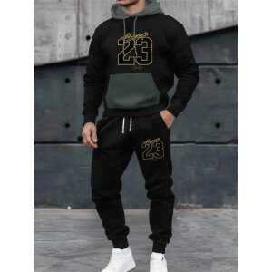 Conjunto de sudadera con capucha y pantalones con estampado de letras y números, contraste de colores, para hombre en primavera/otoño. Ropa casual masculina de moda con bolsillos, pantalones con cordón en la cintura, regalo adecuado para esposo o novio