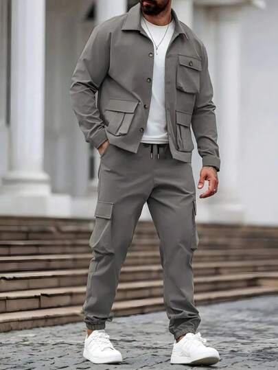Chaqueta utilitaria y pantalón cargo de hombre de estilo vintage estadounidense de otoño, conjunto resistente