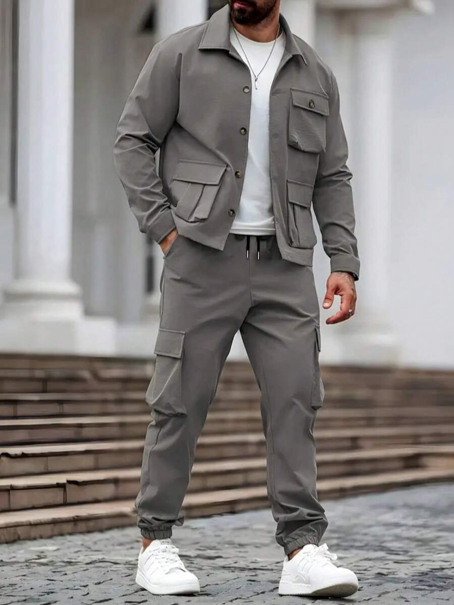 Chaqueta utilitaria y pantalón cargo de hombre de estilo vintage estadounidense de otoño, conjunto resistente - Imagen 5