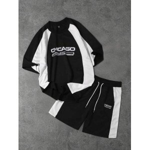 PAVTROS Set de 2 piezas con camiseta de manga corta de cuello redondo con estampado de letras y pantalón corto con cordón en la cintura para hombre