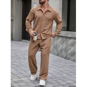 Manfinity CasualCool Conjunto informal de camisa de manga larga de un solo pecho de unicolor y pantalones con cordón en la cintura para hombre