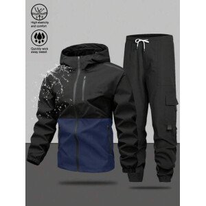 Traje para hombre para exteriores, parte superior con diseño de color contrastante para moda, capucha agrega un toque casual pantalones con múltiples bolsillos para practicidad, con puños en los tobillos para un aspecto ordenado. En general, una prenda cómoda, adecuada para el transporte diario o actividades ligeras al aire libre, que permite lograr fácilmente un estilo deportivo.