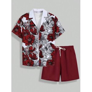 Conjunto de camisa y pantalones cortos con estampado floral burdeos para hombre, atuendo cómodo de verano