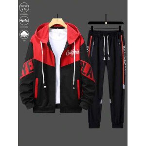 Conjunto de chaqueta y pantalones casuales y versátiles para hombres con parches de colores contrastantes y estampado de letras, ropa de otoño