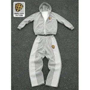 Manfinity Sporsity Conjunto de sudadera con capucha con cremallera delantera y pantalón de chándal a rayas para hombre, ropa de otoño e invierno