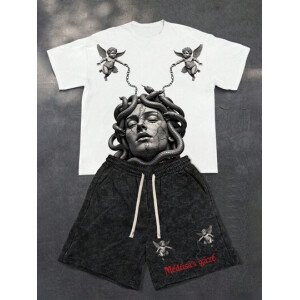 PAVTROS Set de 2 piezas: Camiseta de manga corta y escote redondo con gráfico de retrato y eslogan masculino + pantalón corto con cordón en la cintura, estilo callejero para verano