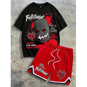 AXEPEAK Conjunto deportivo de verano con camiseta negra estampada con lema + shorts rojos de baloncesto, listo para la ropa de calle