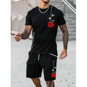 Manfinity Homme Conjunto de camiseta de manga corta con estampado floral y eslogan y pantalones cortos con cordón en la cintura para hombre, para ir de salida