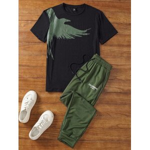 Manfinity NXTstreet 2 piezas Conjunto casual de camiseta de manga corta con cuello redondo y estampado de águila, y pantalones largos con cordón en la cintura y estampado de letras para hombre, atuendo cómodo