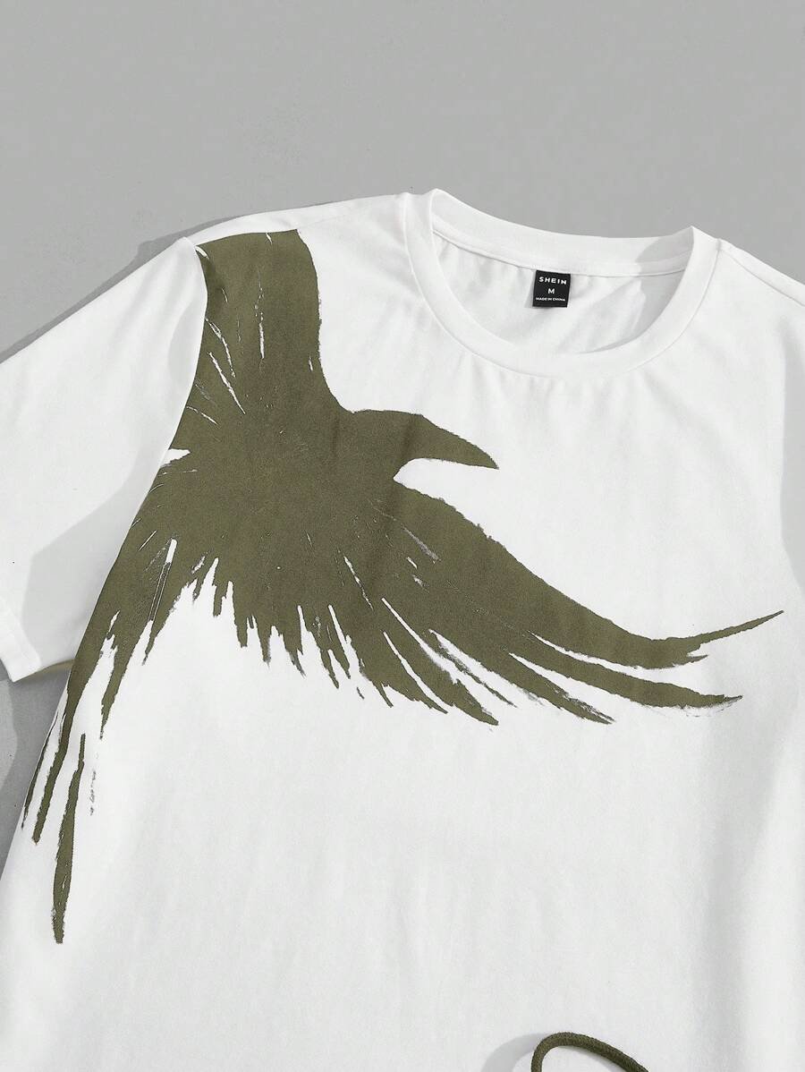 Manfinity NXTstreet 2 piezas Conjunto casual de camiseta de manga corta con cuello redondo y estampado de águila, y pantalones largos con cordón en la cintura y estampado de letras para hombre, atuendo cómodo - Imagen 6