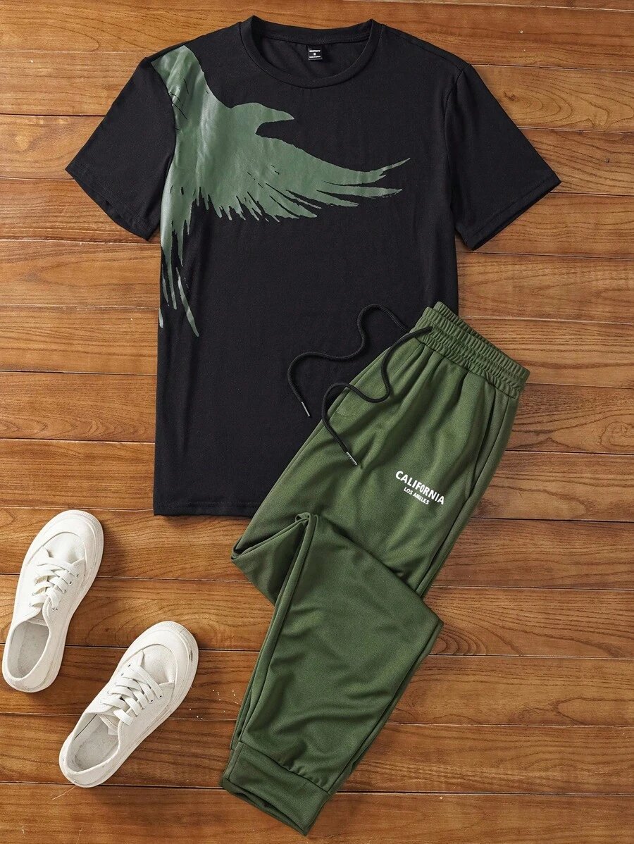 Manfinity NXTstreet 2 piezas Conjunto casual de camiseta de manga corta con cuello redondo y estampado de águila, y pantalones largos con cordón en la cintura y estampado de letras para hombre, atuendo cómodo - Imagen 7
