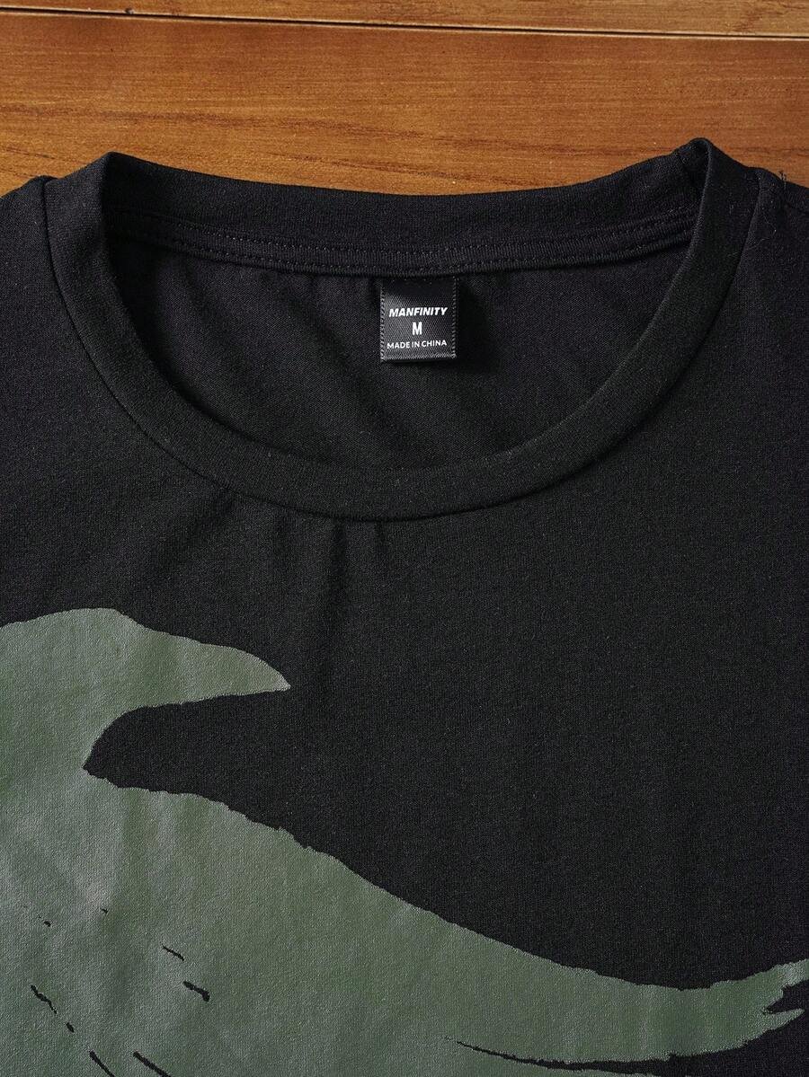 Manfinity NXTstreet 2 piezas Conjunto casual de camiseta de manga corta con cuello redondo y estampado de águila, y pantalones largos con cordón en la cintura y estampado de letras para hombre, atuendo cómodo - Imagen 10