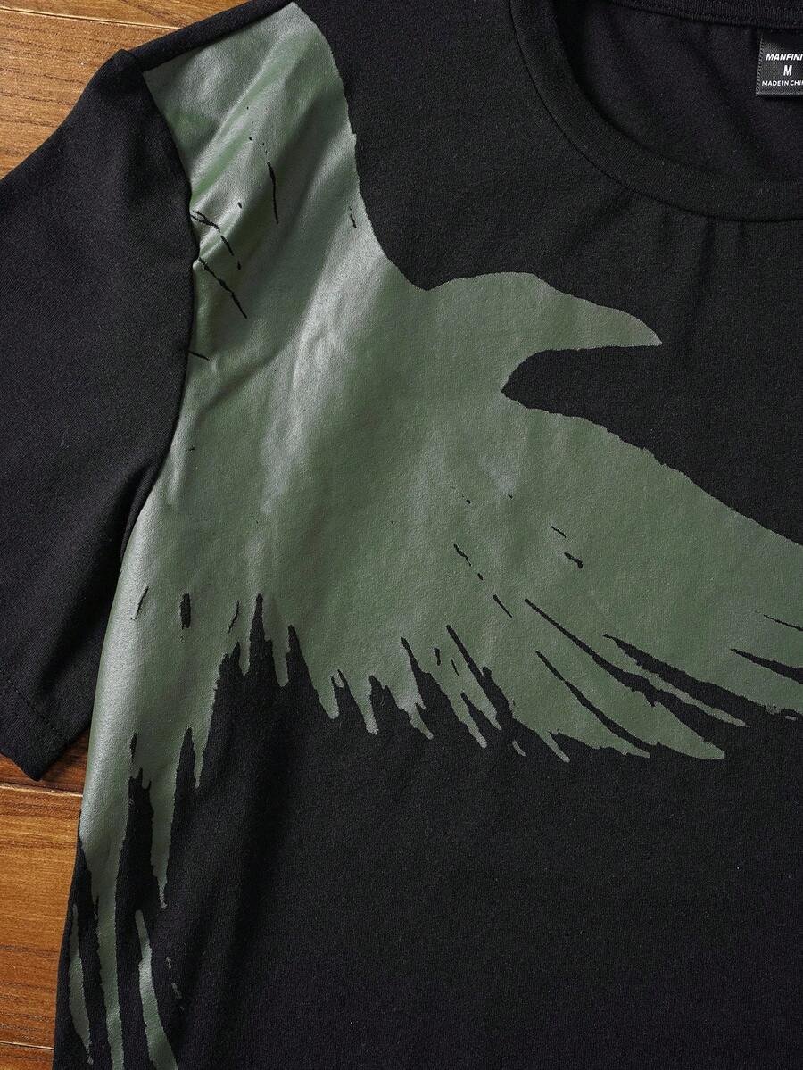 Manfinity NXTstreet 2 piezas Conjunto casual de camiseta de manga corta con cuello redondo y estampado de águila, y pantalones largos con cordón en la cintura y estampado de letras para hombre, atuendo cómodo - Imagen 12